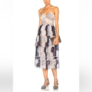 Self Portrait Camellias Dress Floral Lace Blue White Navy Tan Lining Midi 4